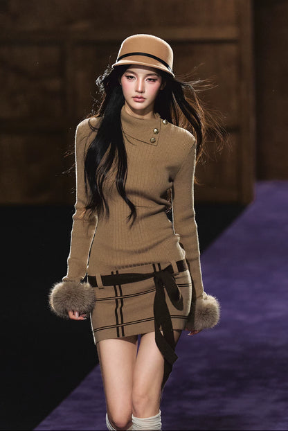 "Winter Whisper" Light Khaki Mock Neck Knit Mini Dress