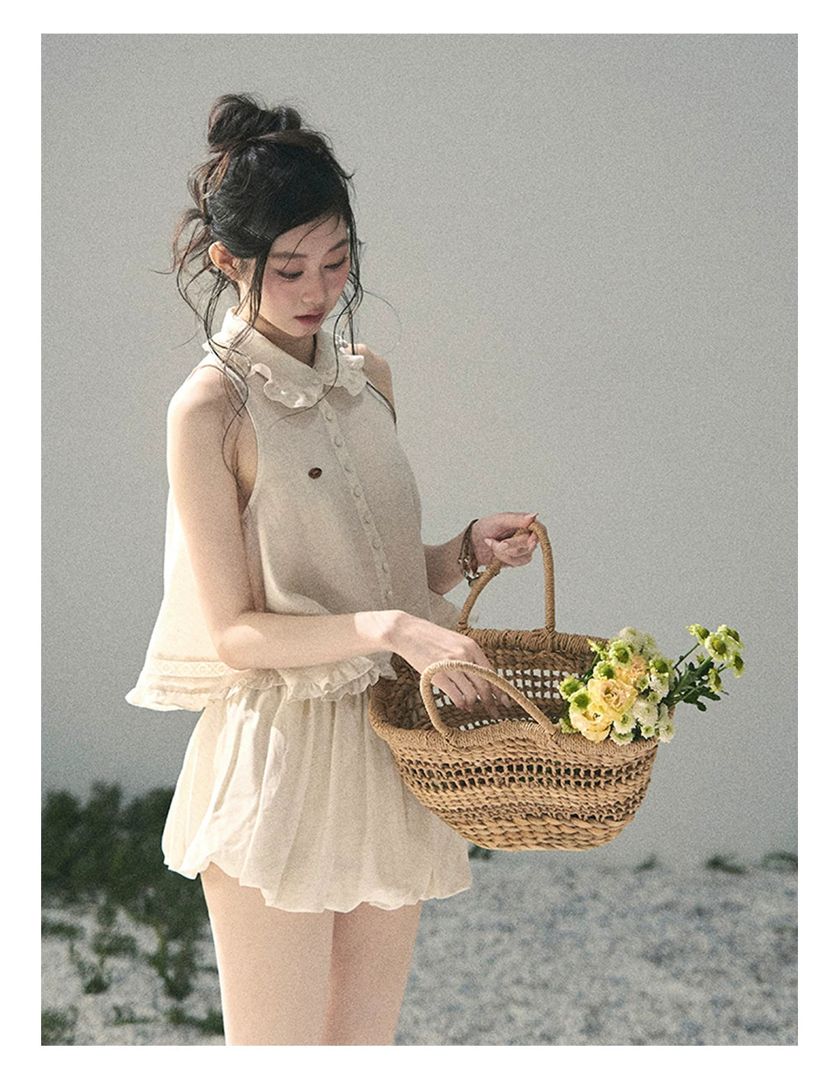 "Soft Cloud Reverie" Dutch Cream Lace Top & Bubble Skirt & Wide-Leg Pants Set 5468465