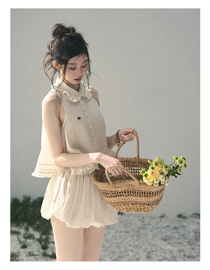 "Soft Cloud Reverie" Dutch Cream Lace Top & Bubble Skirt & Wide-Leg Pants Set 5468465