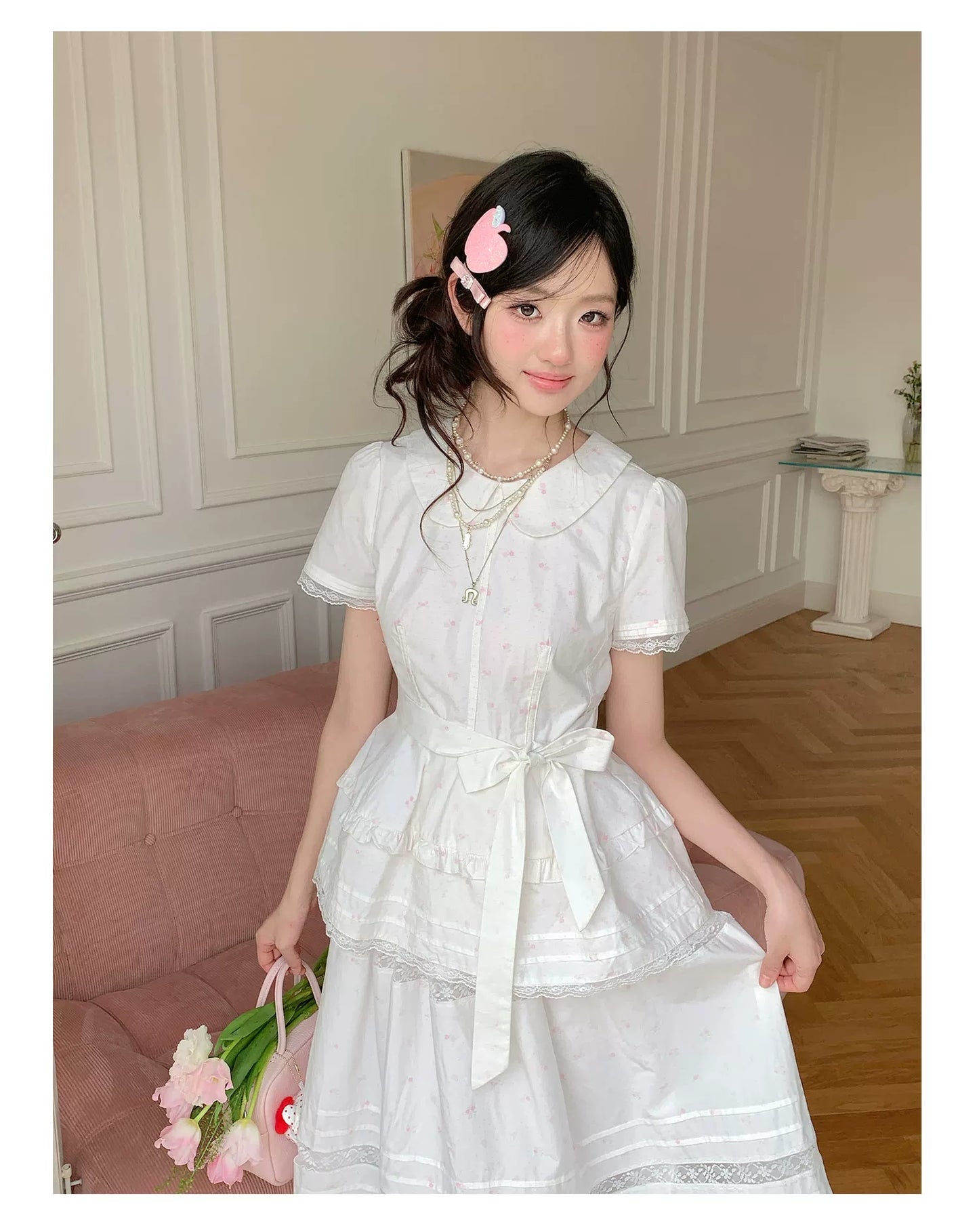 “Midsummer Blossom Letter” White Floral Cake Skirt Set