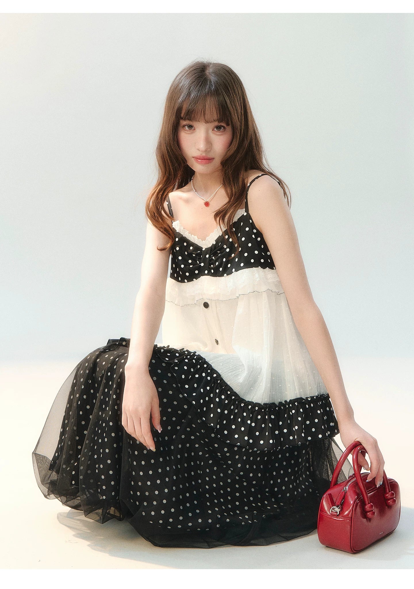 "Midnight Sweet Isle" Black Polka Dot Lace Two-Piece Skirt Set LL2026208