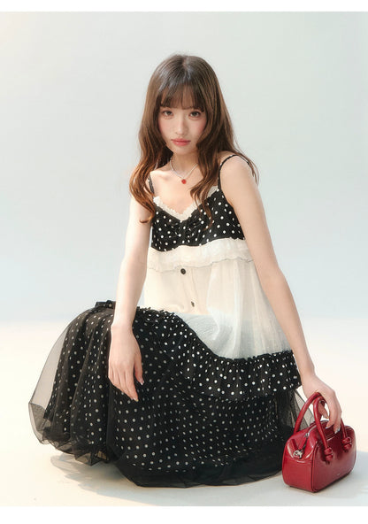 "Midnight Sweet Isle" Black Polka Dot Lace Two-Piece Skirt Set LL2026208