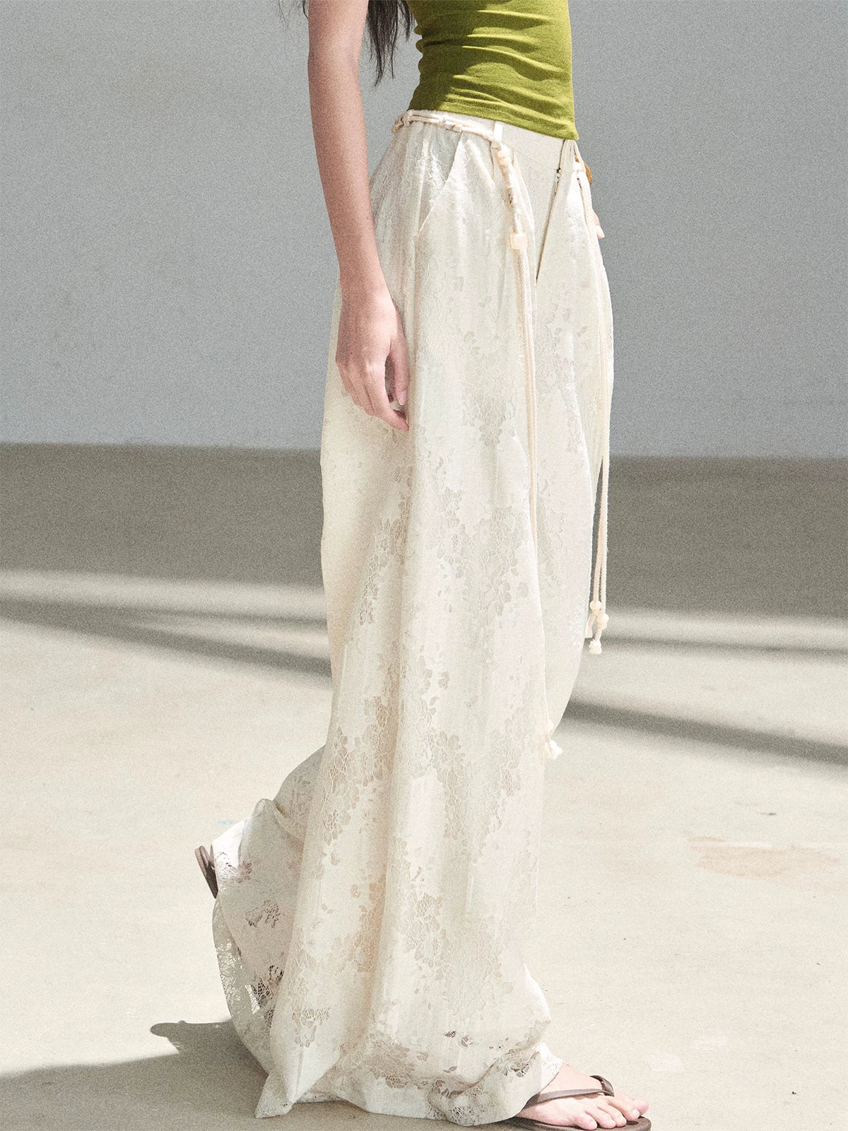 "A Love Letter to Sunlight" Dutch Cream Lace Wide-Leg Pants (With Matching Waist Rope)