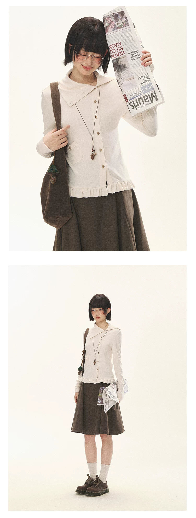 "Cotton Ruffle" Tea Apricot Asymmetric Knit Cardigan