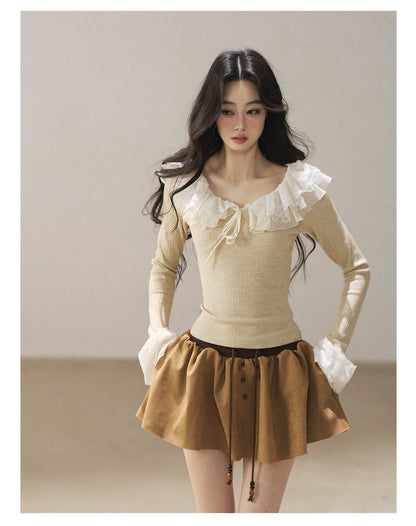 AOMALM - Oatmeal Ruffle Lace Knit Cropped Top