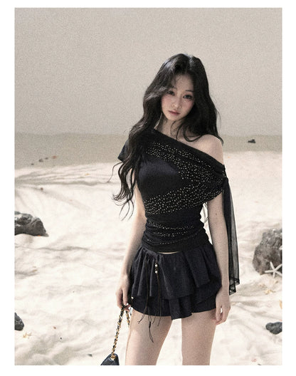 “Frosted Kiss” Quiet Black Crystal Mesh Short Sleeve Top