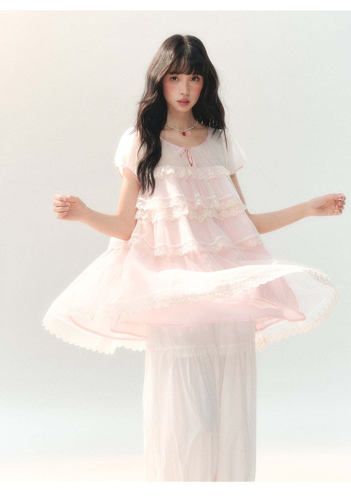 [CAN] "Peach Mist Sorbet" Pink Lace Chiffon Dress Set