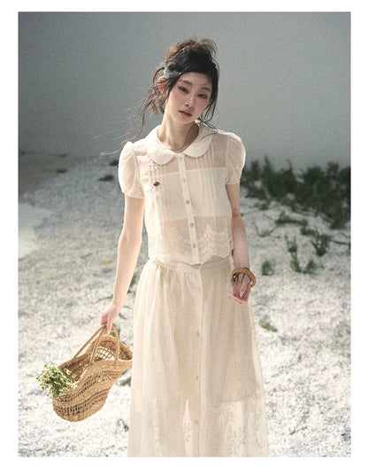 "Apricot Blossom After Rain" Dutch Cheese Lace Blouse & Maxi Skirt Set 532453