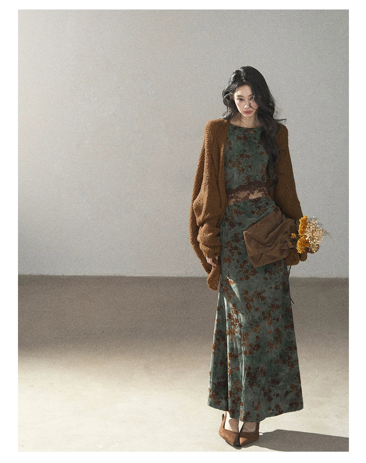AOMALM - Caramel Brown Openwork Knit Cardigan