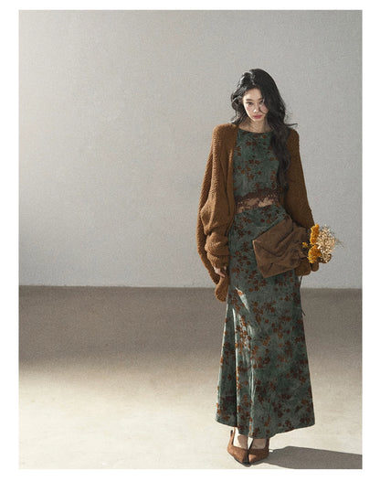 AOMALM - Olive Green Lace Floral Mermaid Maxi Dress