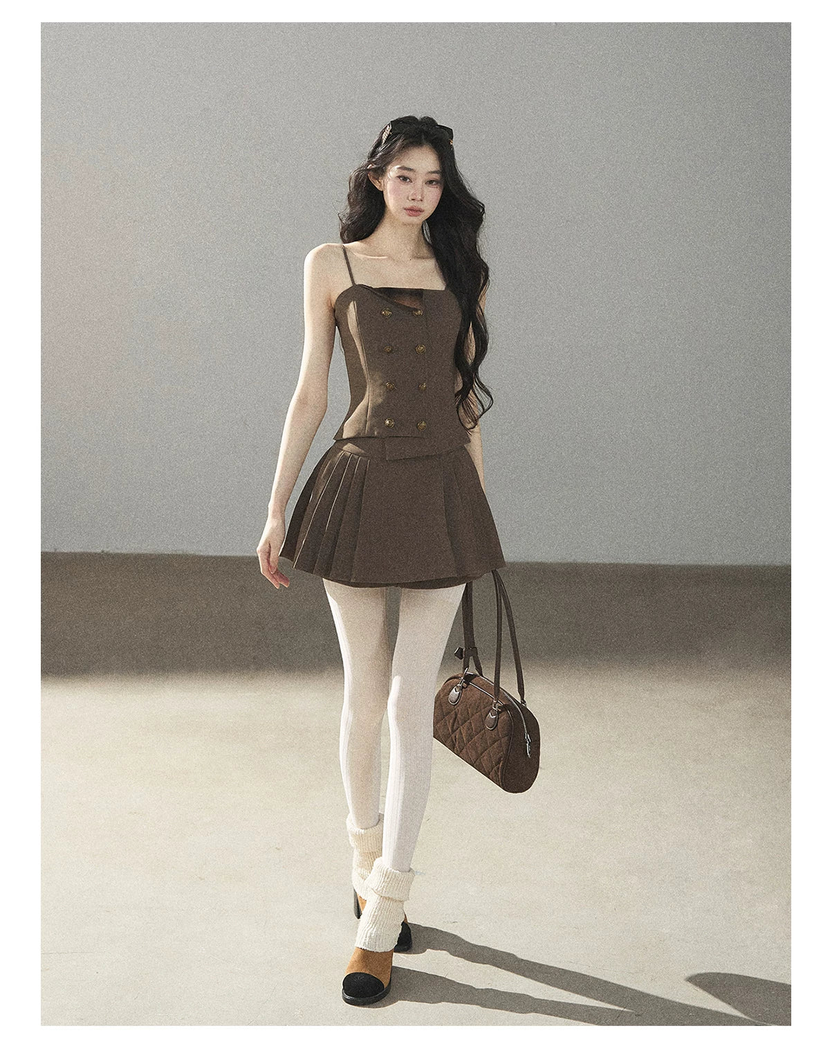 AOMALM - “Evening Breeze in the Valley” Chestnut Brown Blazer, Cami & Pleated Skort Set