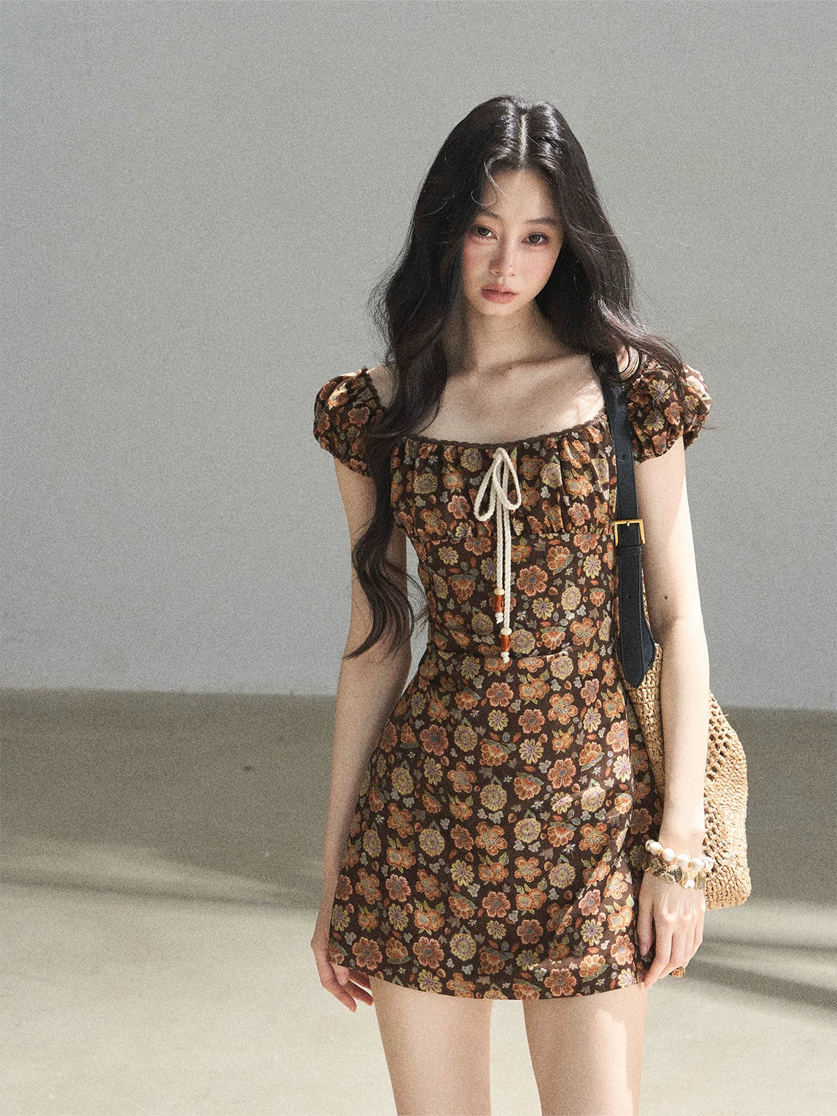 "Wildflowers & Freedom" Mocha Mousse Floral Puff Sleeve Mini Dress