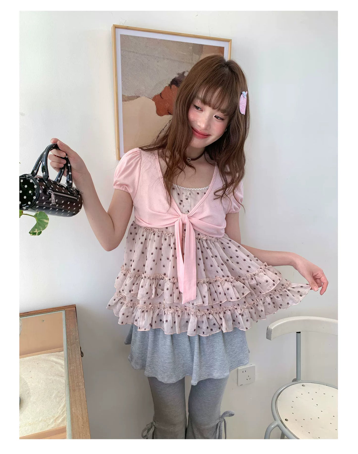 [RF] “Peach Mocha Layers” Misty Pink Polka Dot Layered Top