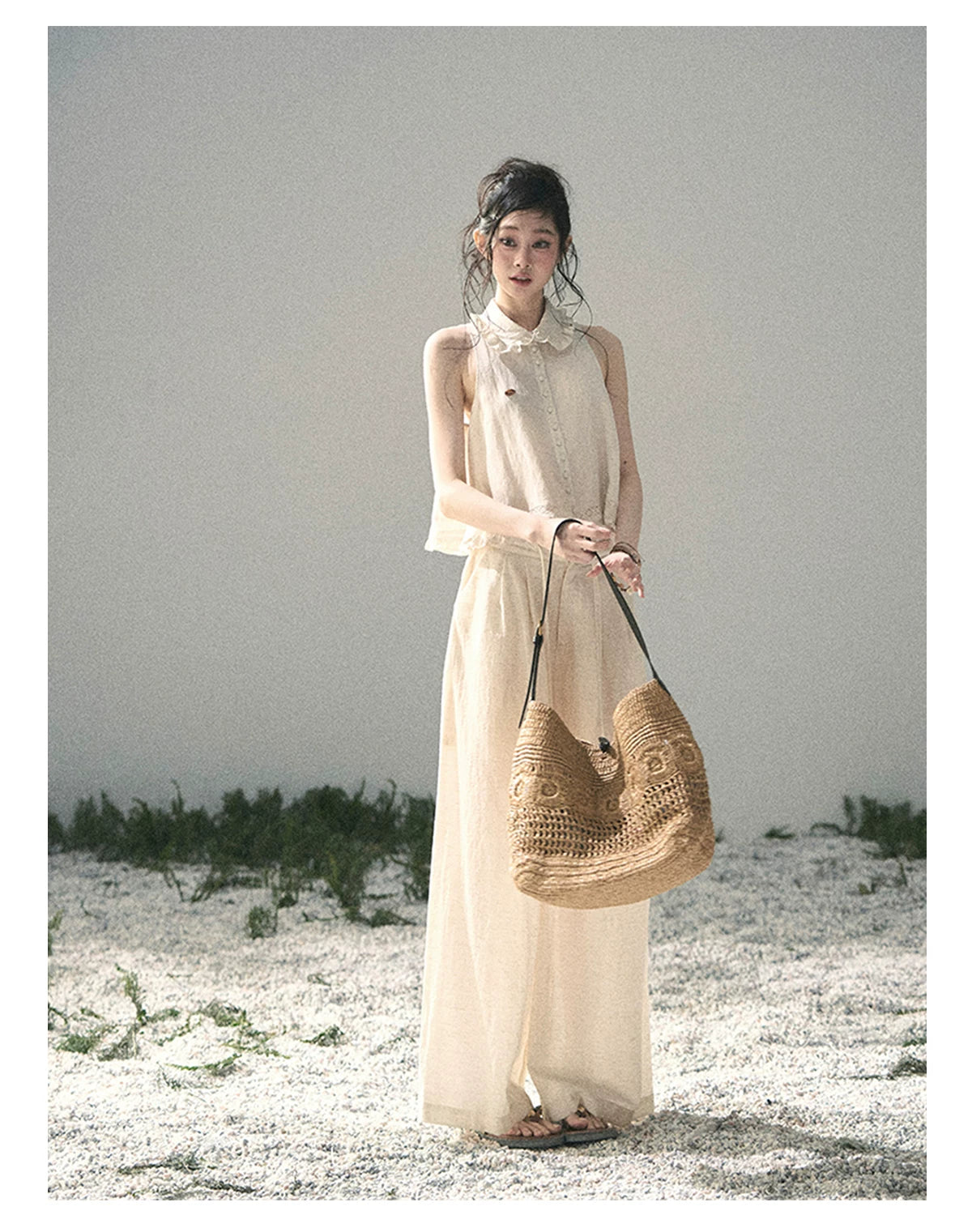 "Soft Cloud Reverie" Dutch Cream Lace Top & Bubble Skirt & Wide-Leg Pants Set 5468465