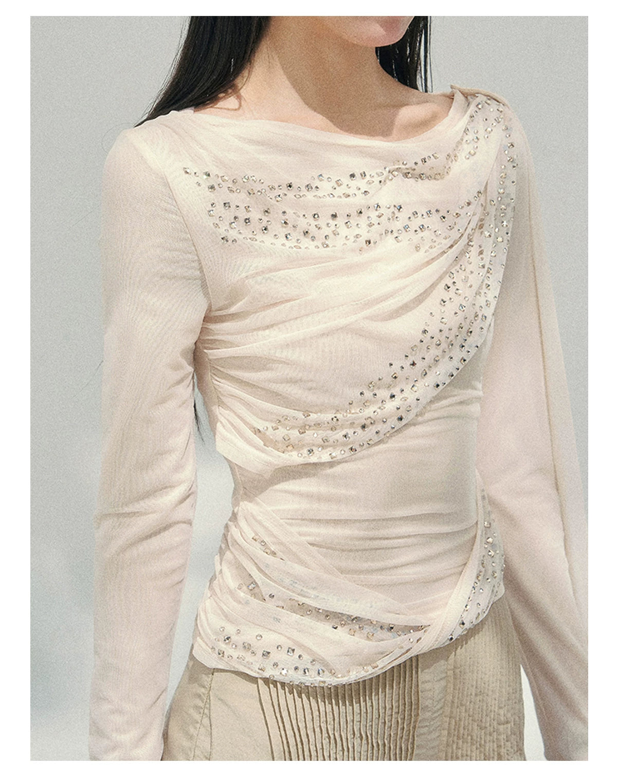 “Frosted Kiss” Milk Apricot Mesh Waist-Cinched Top