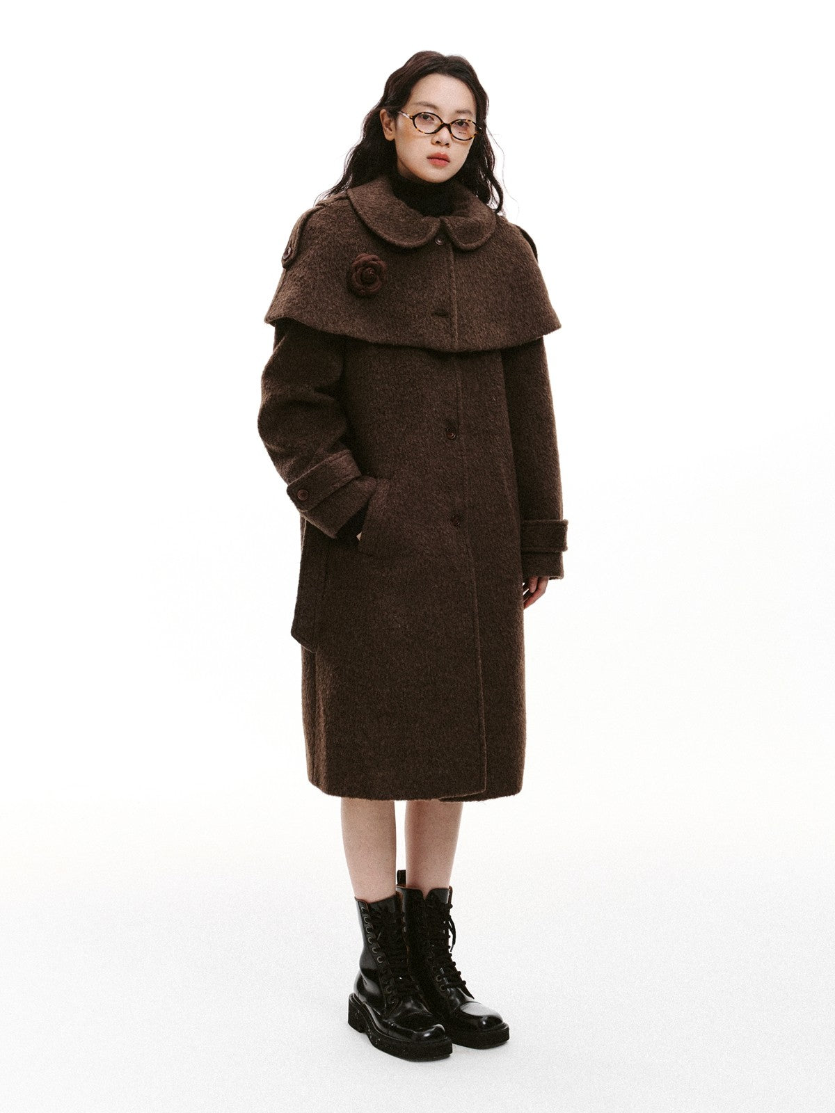 “Intellectual Cape Silhouette” Long Wool Blend Minimal Coat - Brown 8007