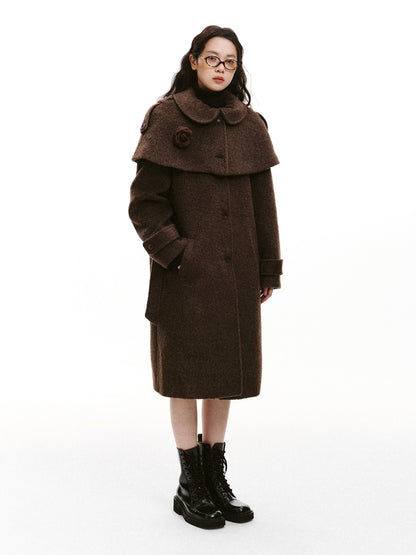 “Intellectual Cape Silhouette” Long Wool Blend Minimal Coat - Brown 8007