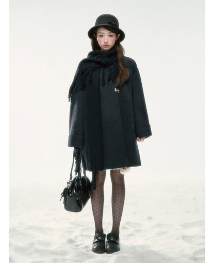 BIBIBENCY - Black Wool-Blend Coat with Detachable Scarf Collar