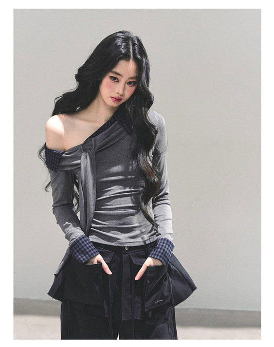 少也眼 “The Quiet Passing” Asymmetric Knit Off-Shoulder Top - Gray 65624