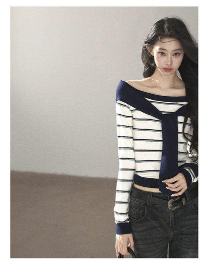 AOMALM - Ivory Stripe Faux-Layered Knit Top with Shoulder Ties