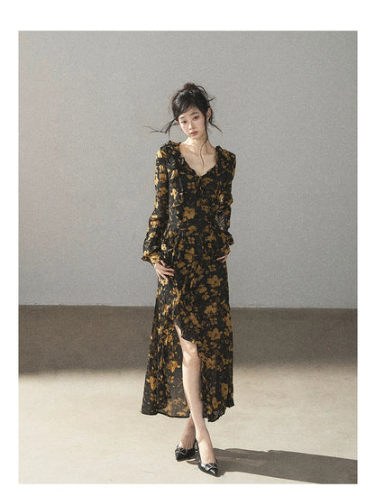 AOMALM - Black & Golden Brown Floral Ruffle Maxi Dress with High Side Slit