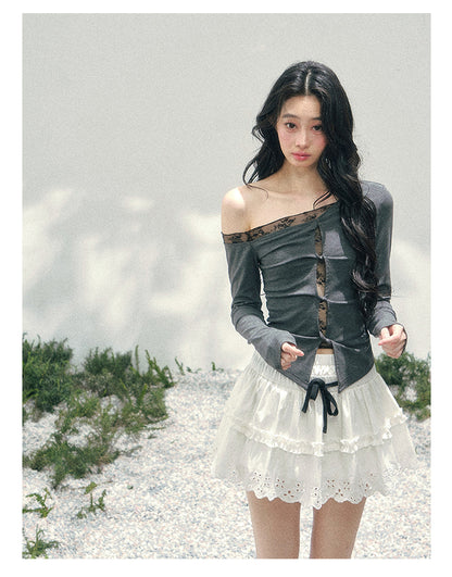 少也眼 “She Becomes Poetry in Motion” Layered One-Shoulder Lace Top - Deep Rock Gray 78967896