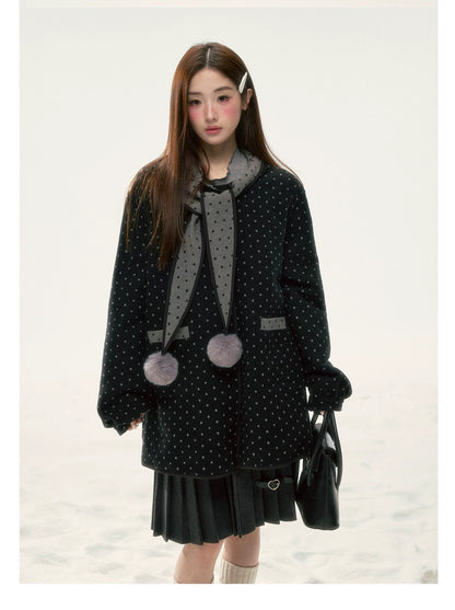 BIBIBENCY - Gray & Black Reversible Polka Dot Wool-Look Coat