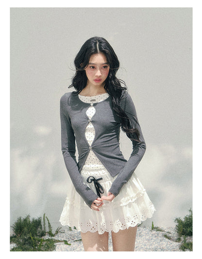 少也眼 "Twilight Pause" Faux Two-Piece Polka Dot T-Shirt in Soft Silver Gray 45234752