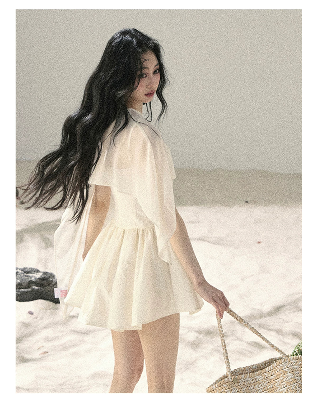 "Veiled in Mist" Cream Apricot Puff Mini Dress & Chiffon Shawl Set 5348