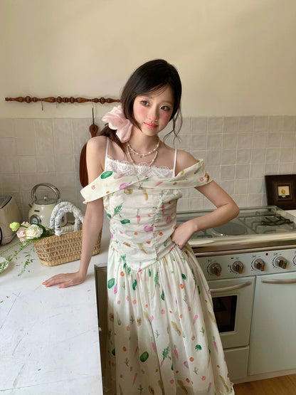 “Verdant Orchard Reverie” Beige Fruit Print Off-Shoulder Dress