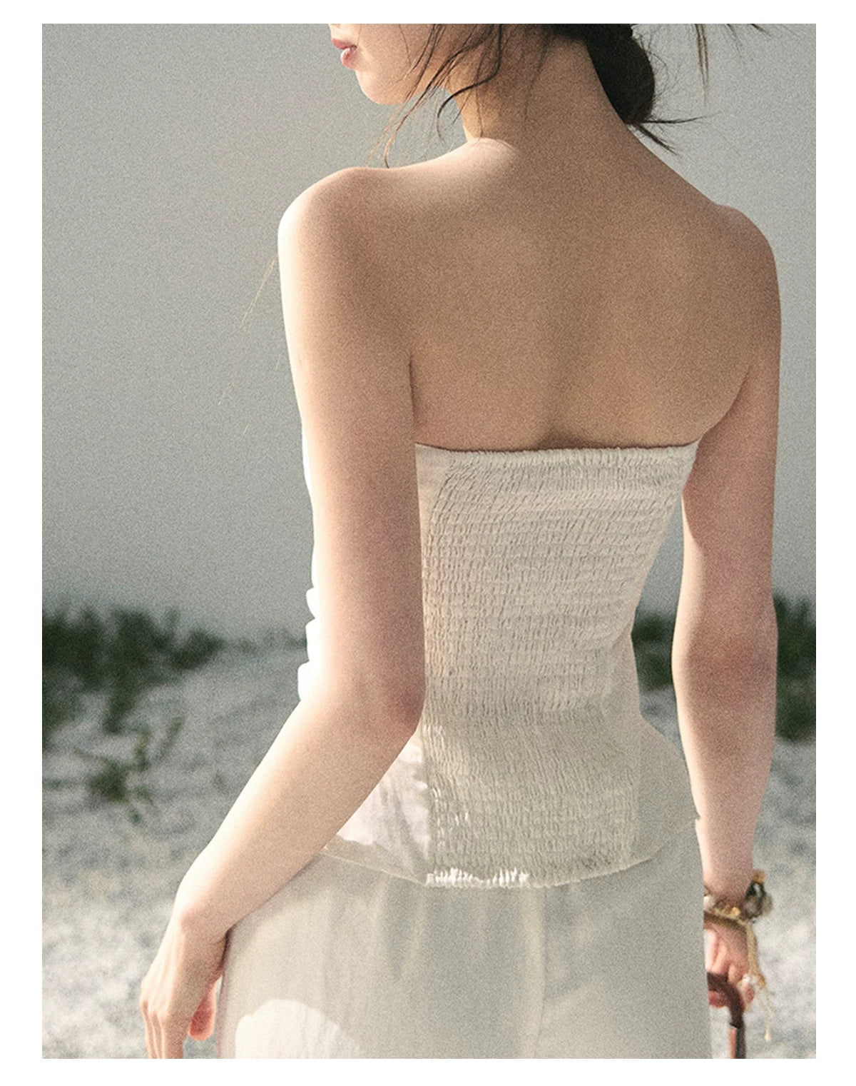 “Breath Across the Shoulders” Natural Beige Layered Bustier Top & Wide-Leg Trousers