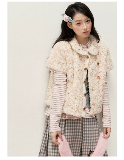 [RF] Cream Beige & Chestnut Speckle Plush Short-Sleeve Vest Jacket with Peter Pan Collar