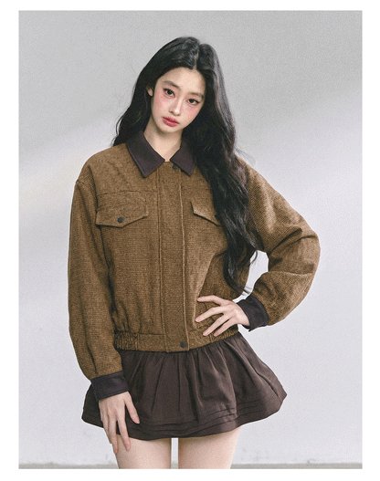 少也眼 "Falling Wutong Leaves" Hepburn Wool Tweed Two-Piece Set - Coffee Brown