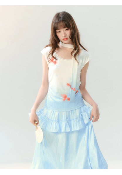 "Koi Garden Letter" White & Blue Goldfish Print Two-Piece Skirt Set LL2026220