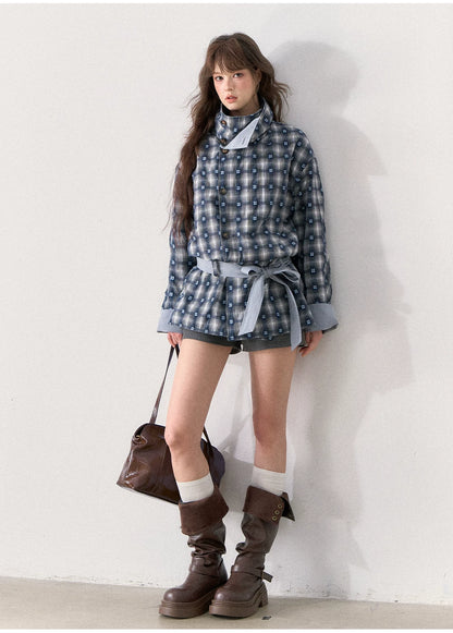 [TMMG] French Stand Collar Reversible Plaid Waist-Cinched Trench Coat (Morning Mist Blue)