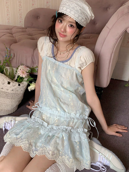 “Summer Dreamloom” Blue Lace Tiered Dress Set (Inner Top + Slip Dress)