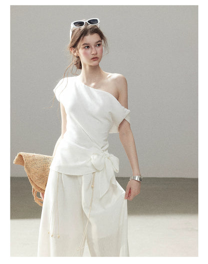 "Her Moonlight" Camellia White Off-Shoulder Top & Wide-Leg Pants Set