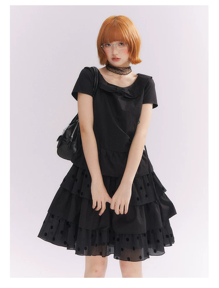 “Midnight Sweetheart” Black Korean-Style Bow Polka Dot Tiered Dress