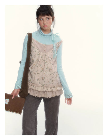“Mint Milk Pudding” Mint Blue Lace-Trimmed Mock Neck Knit Top