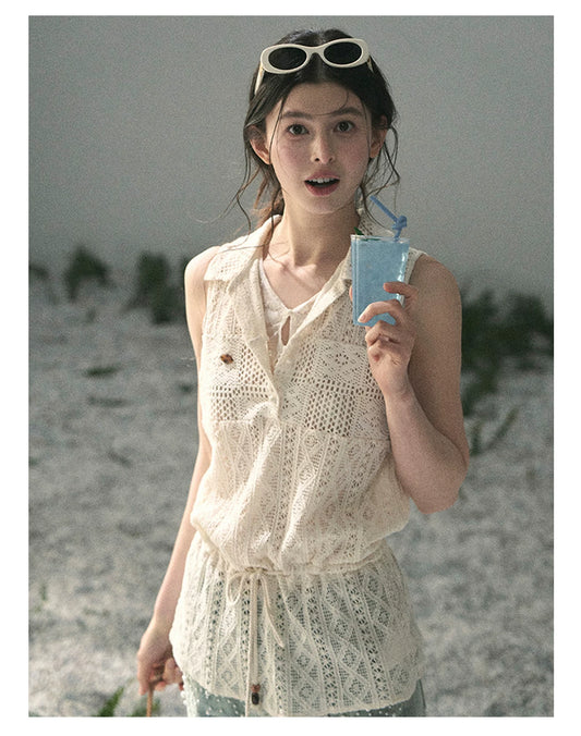 “Summer Breeze Kissing the Hem” Ivory Lace Layered Sleeveless Top