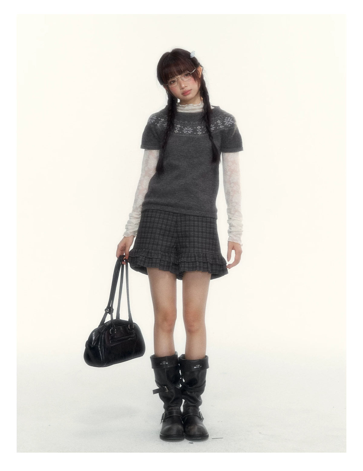 Deep Gray Fair Isle Short-Sleeve Knit Sweater