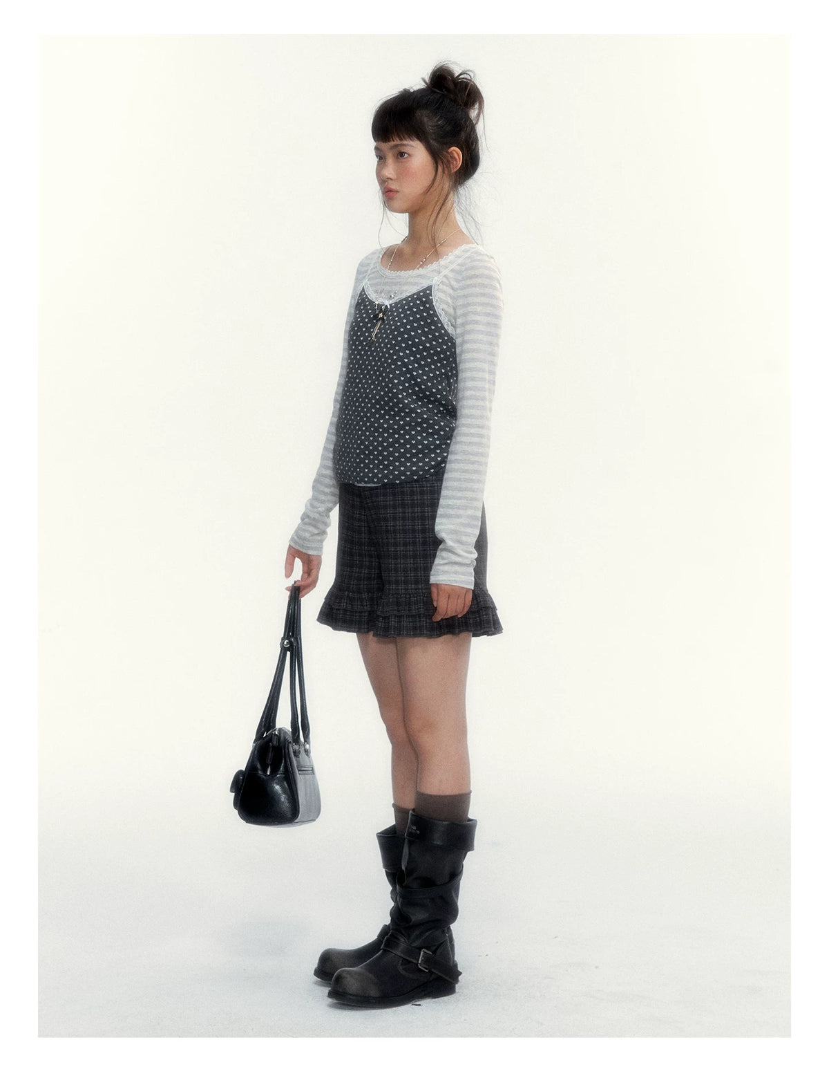 “Early Gray” Light Gray Striped Lace-Trimmed Fitted Long-Sleeve Top