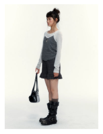 “Early Gray” Light Gray Striped Lace-Trimmed Fitted Long-Sleeve Top