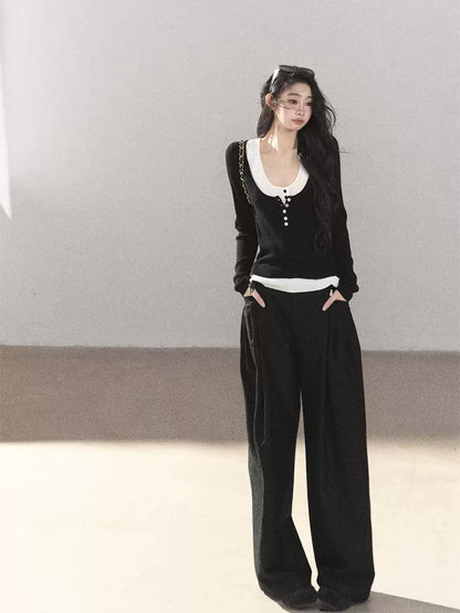 AOMALM - Korean U-Neck Faux Layered Knit Top