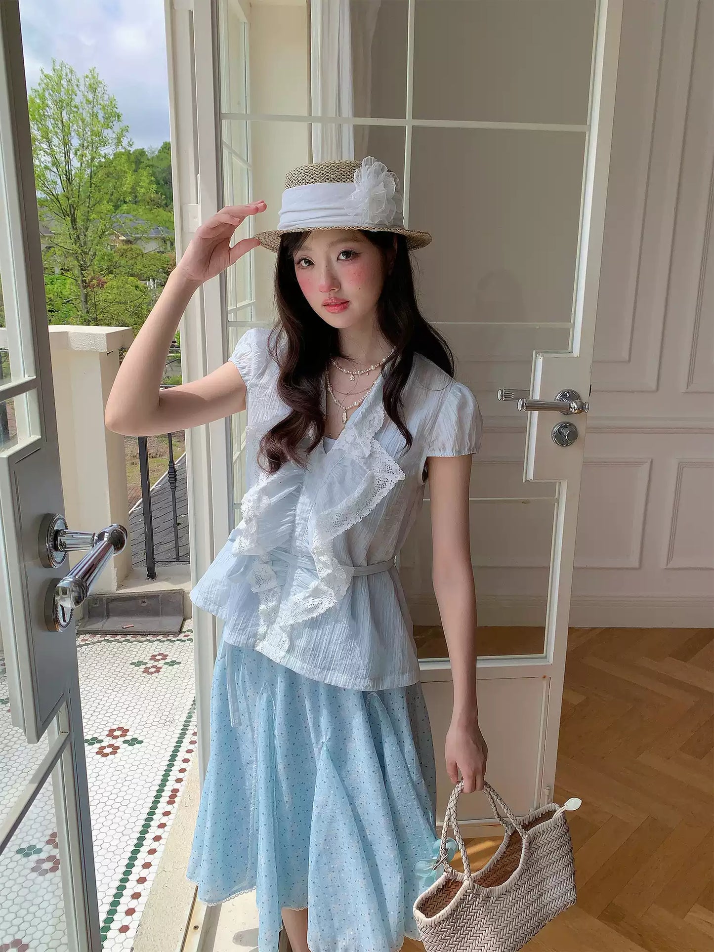 “Blue Breeze Sonata” Blue Ruffle Lace Blouse
