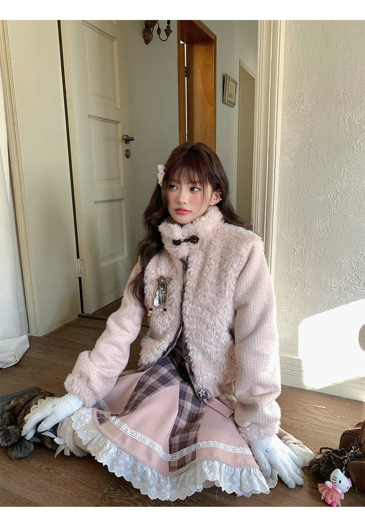 阮阮自制 - Love String Pink Plaid Wool Jacket & Mini Skirt Set