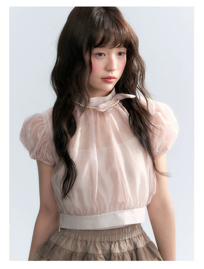 Vintage Stand Collar Bow Puff Sleeve Waist-Cinching Blouse with Knit Cami Set