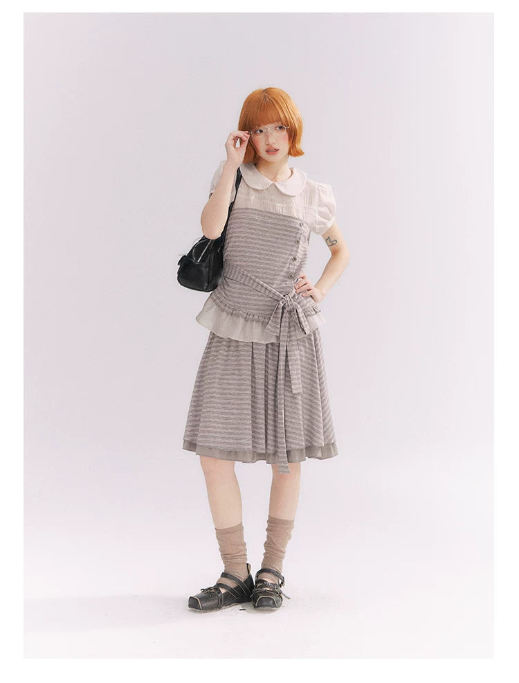 “Old Keepsake Letters” Frost Gray Doll Collar Lace Two-Piece Set