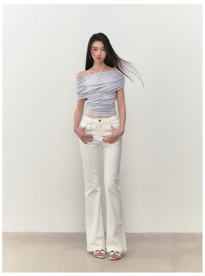 VIAPITTI - Rhinestone Firework Flare Jeans (White / Washed Blue)