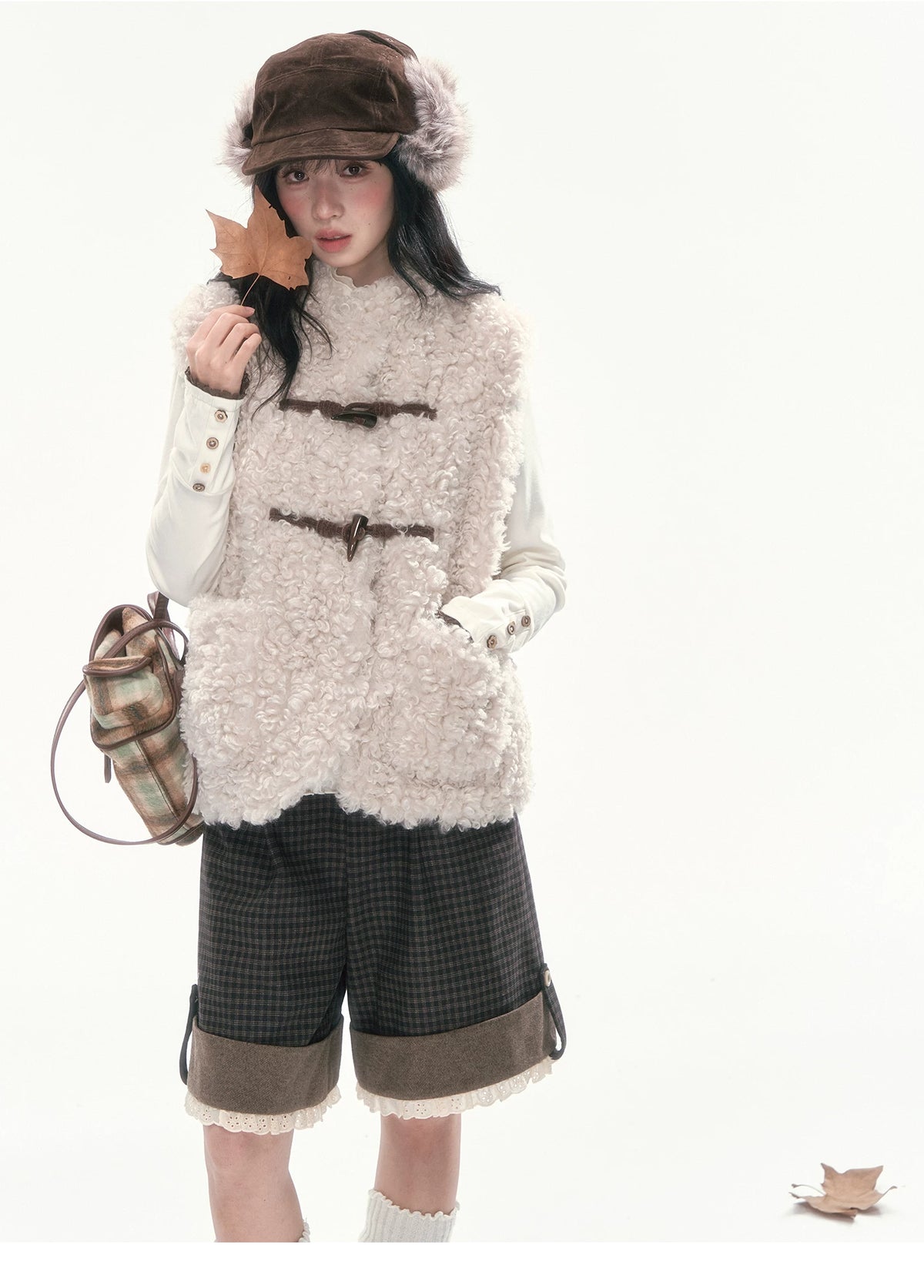 CAN - "The Velvet Alcove" Light Coffee Brown Reversible Plaid Shearling Vest